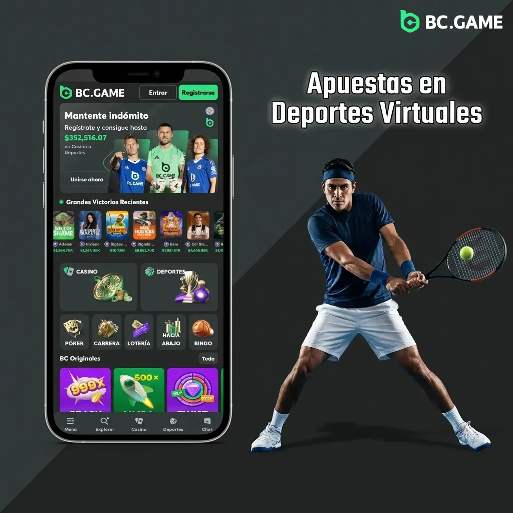 Pantalla de apuestas en deportes virtuales mostrando fútbol, carreras de caballos y tenis simulados disponibles 24/7