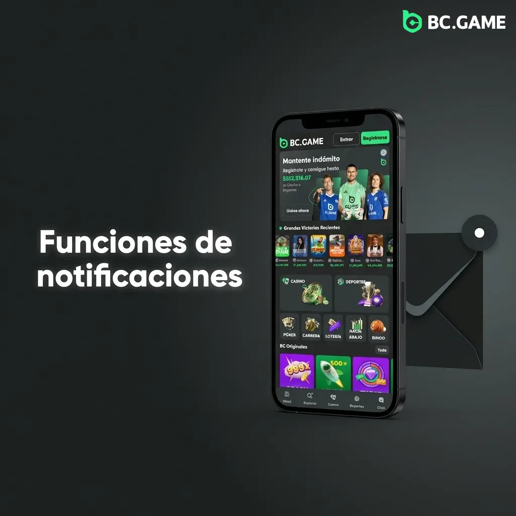 Panel de notificaciones push mostrando alertas de apuestas, bonos y transacciones con opciones de personalización