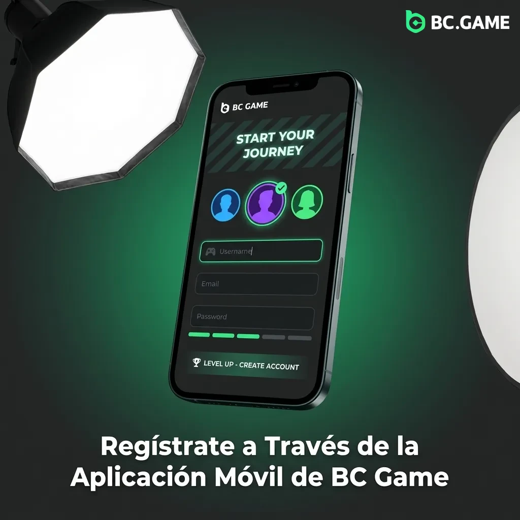Pantalla de smartphone mostrando la aplicación móvil de BC Game con el botón de registro y opciones de inicio de sesión