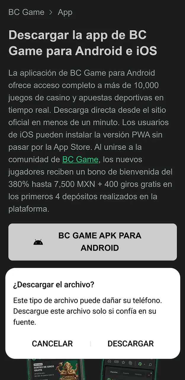 Confirma la descarga de la práctica aplicación BC Game para Android.