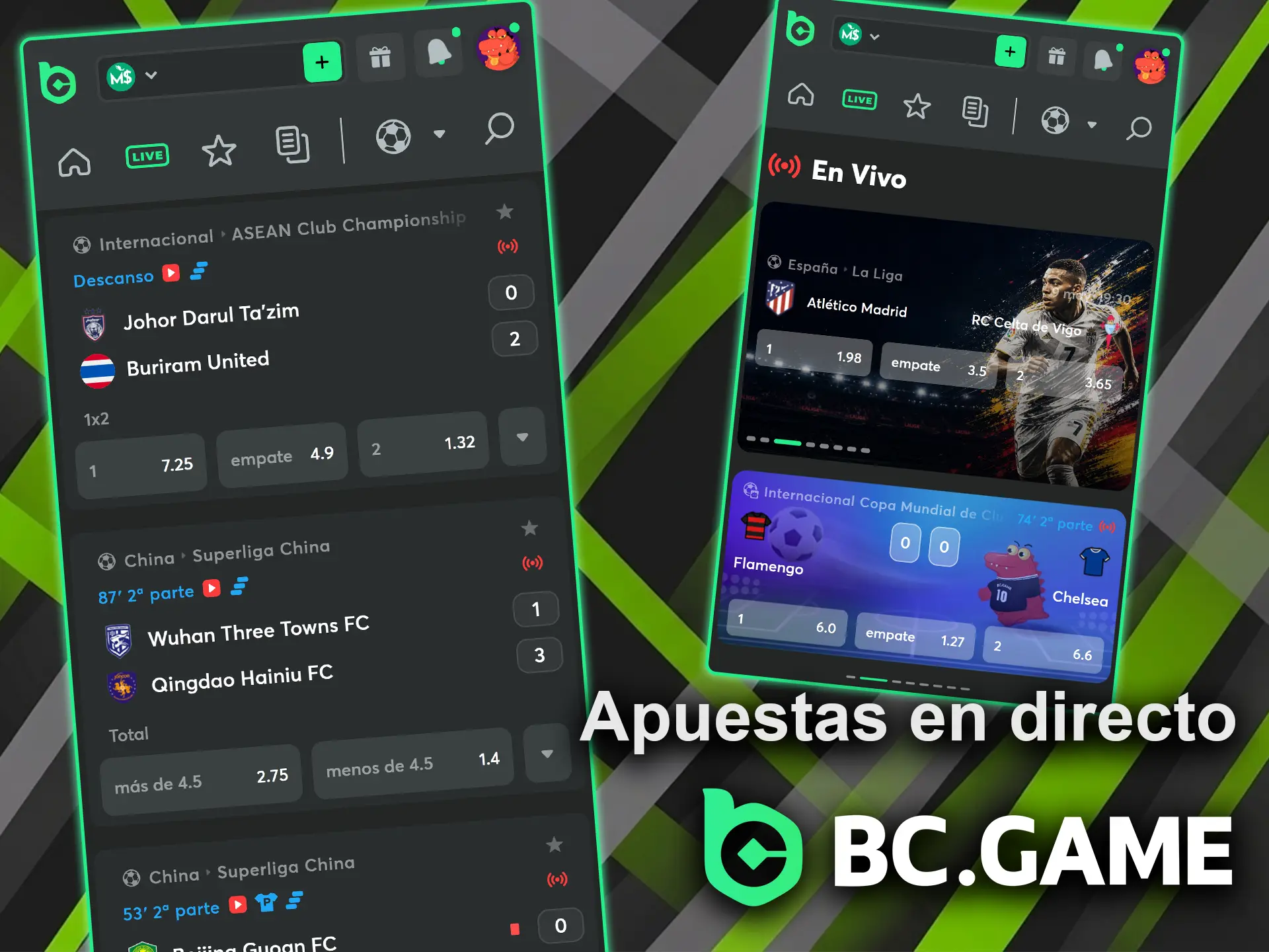Consulta las apuestas disponibles en tiempo real en la aplicación BC Game.