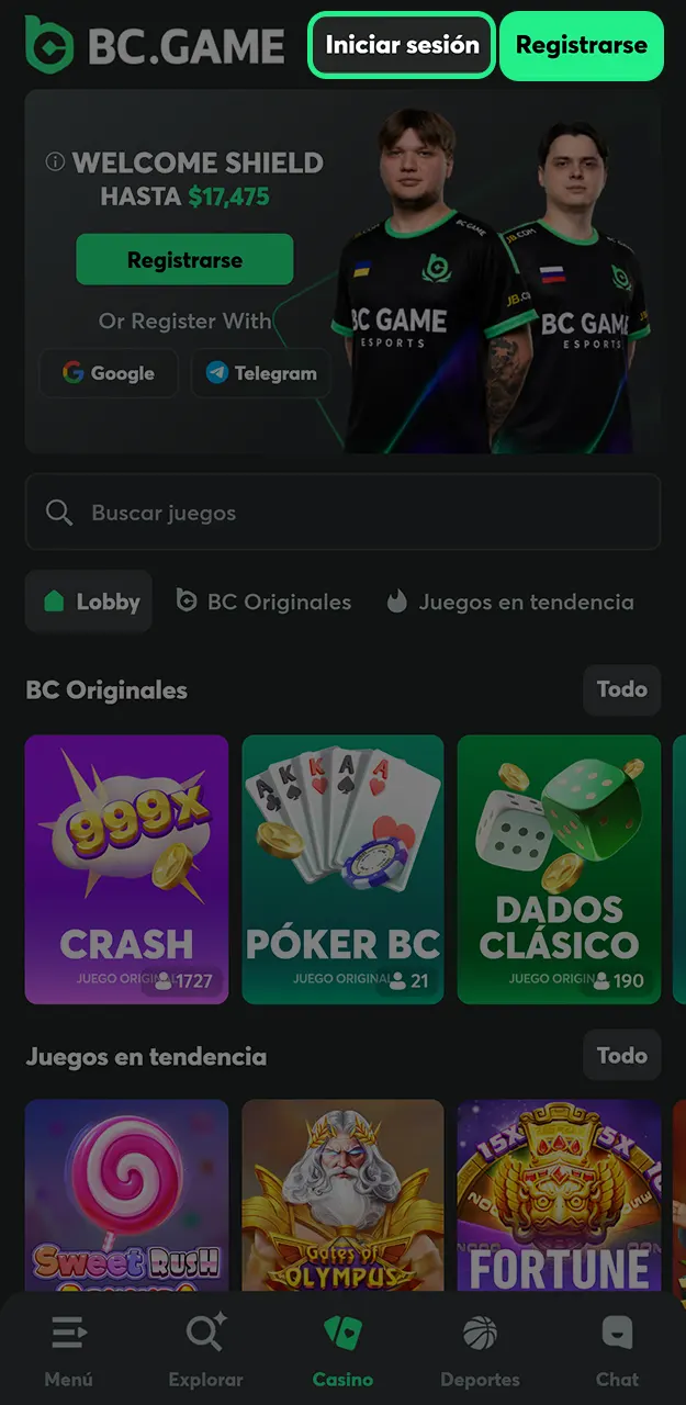 Inicia sesión o regístrate en BC Game.