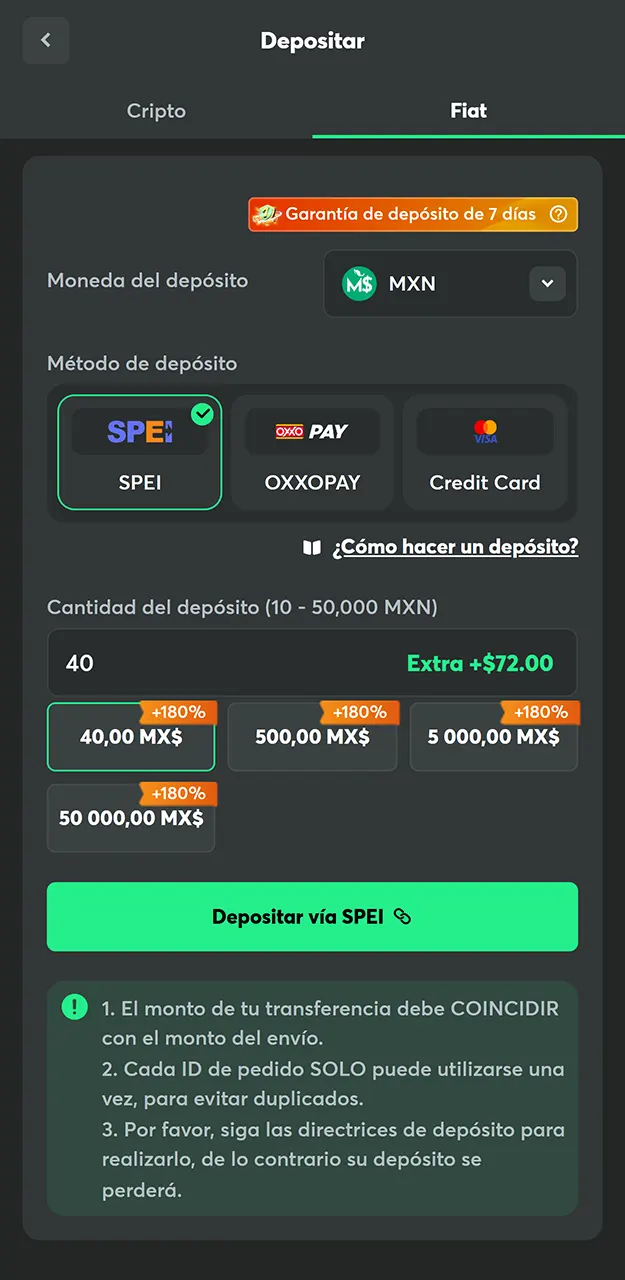 Elige tu método de pago preferido y realiza un depósito para activar tu bono en BC Game.