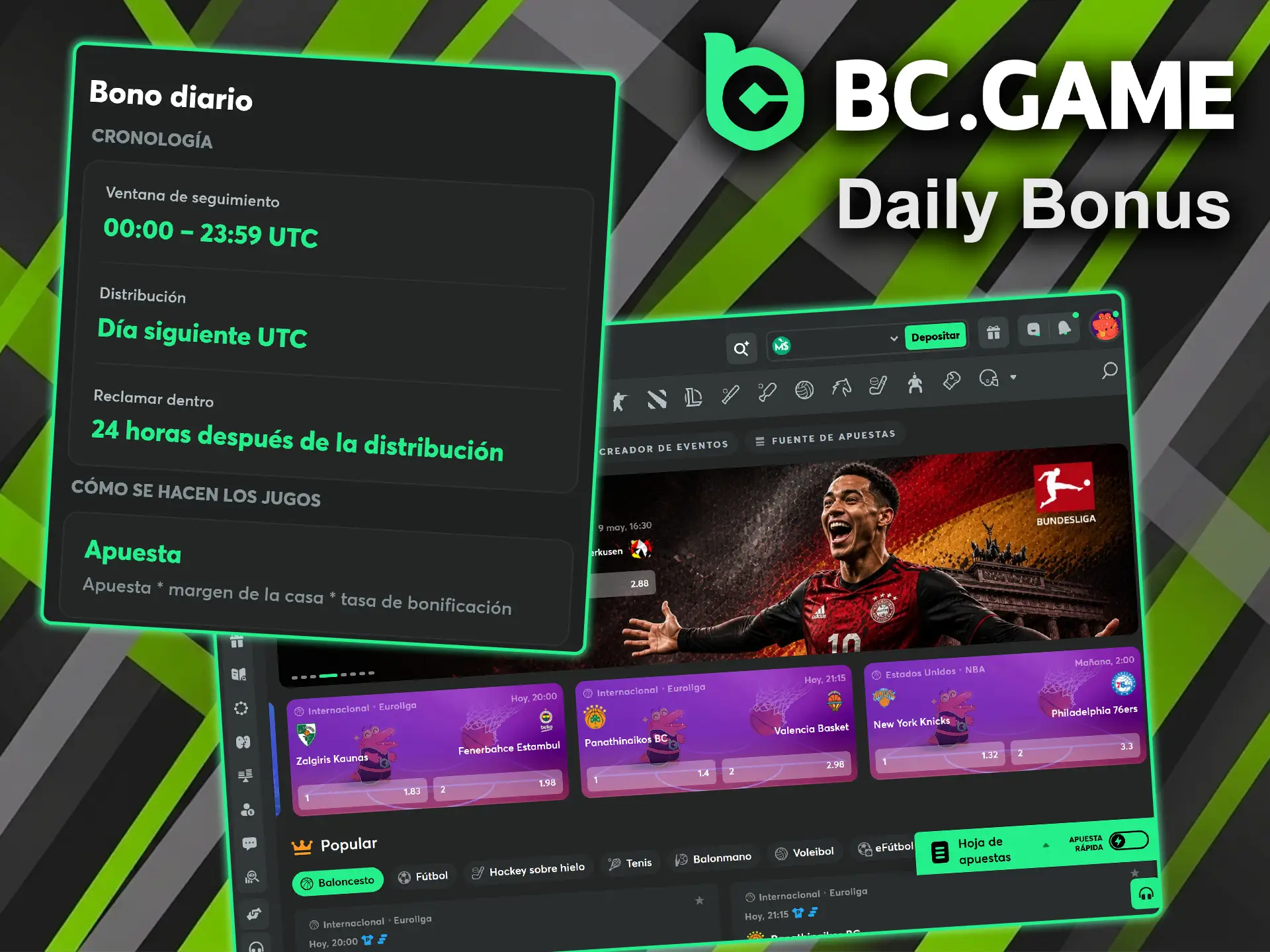 Inicie sesión todos los días para reclamar su Daily Bonus y aumentar su saldo en BC Game.