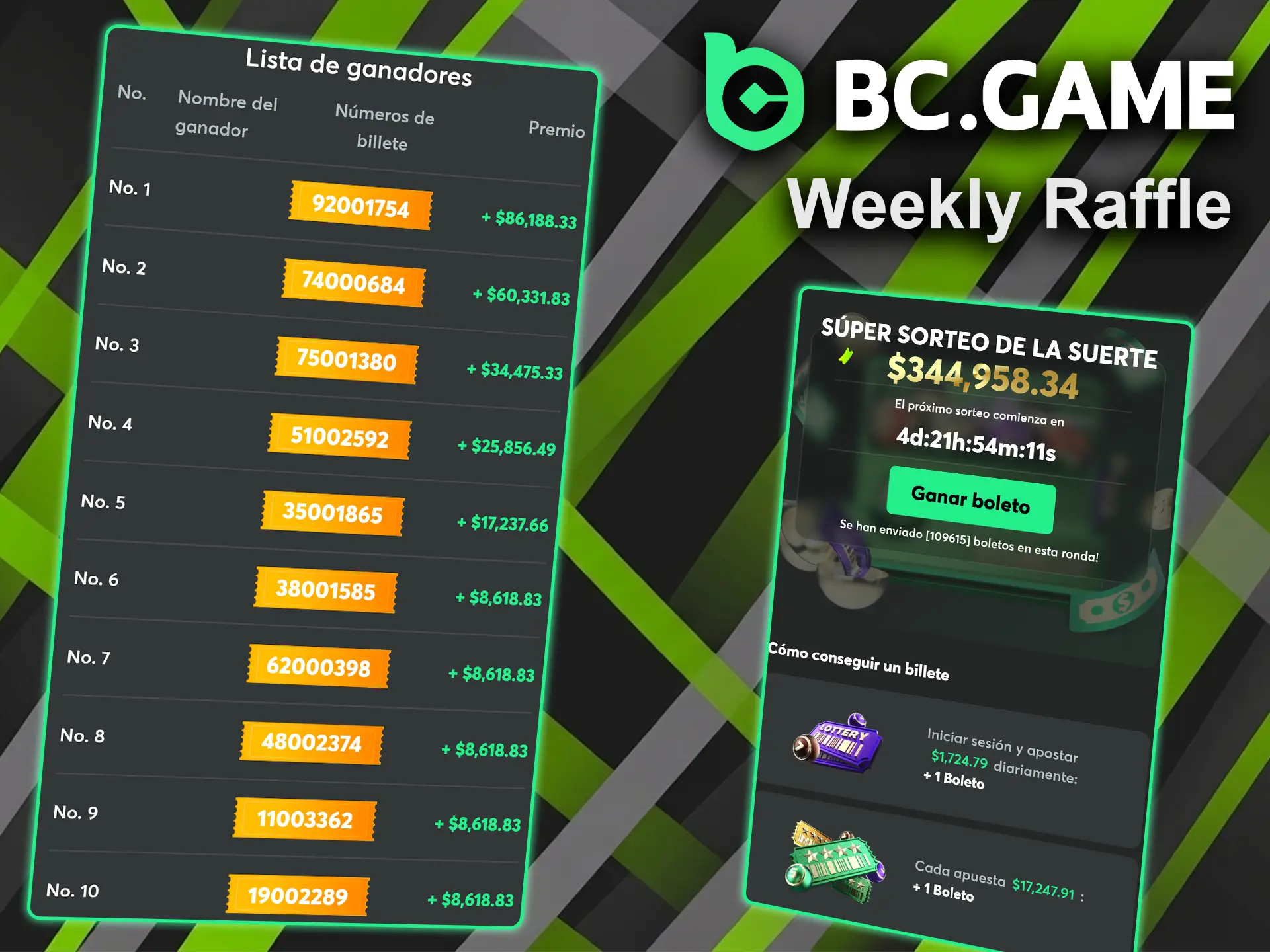 Consiga sus boletos y participe en el sorteo Weekly Raffle para premios semanales en BC Game.