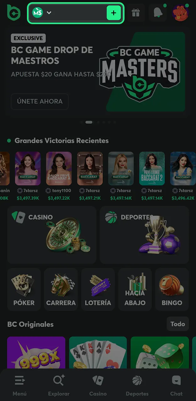 Acceda a la sección de cajero y seleccione un método de pago para que recarga tu cuenta en BC Game.