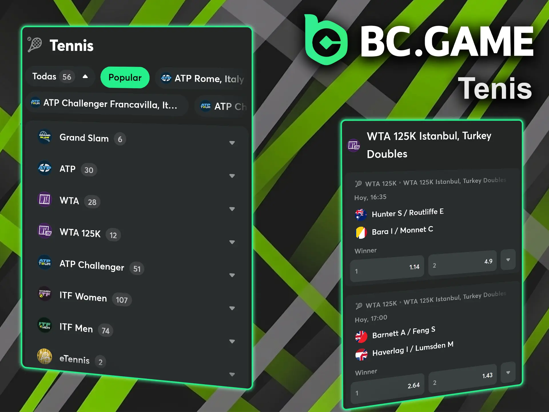 Apuesta en los torneos de tenis en BC Game.