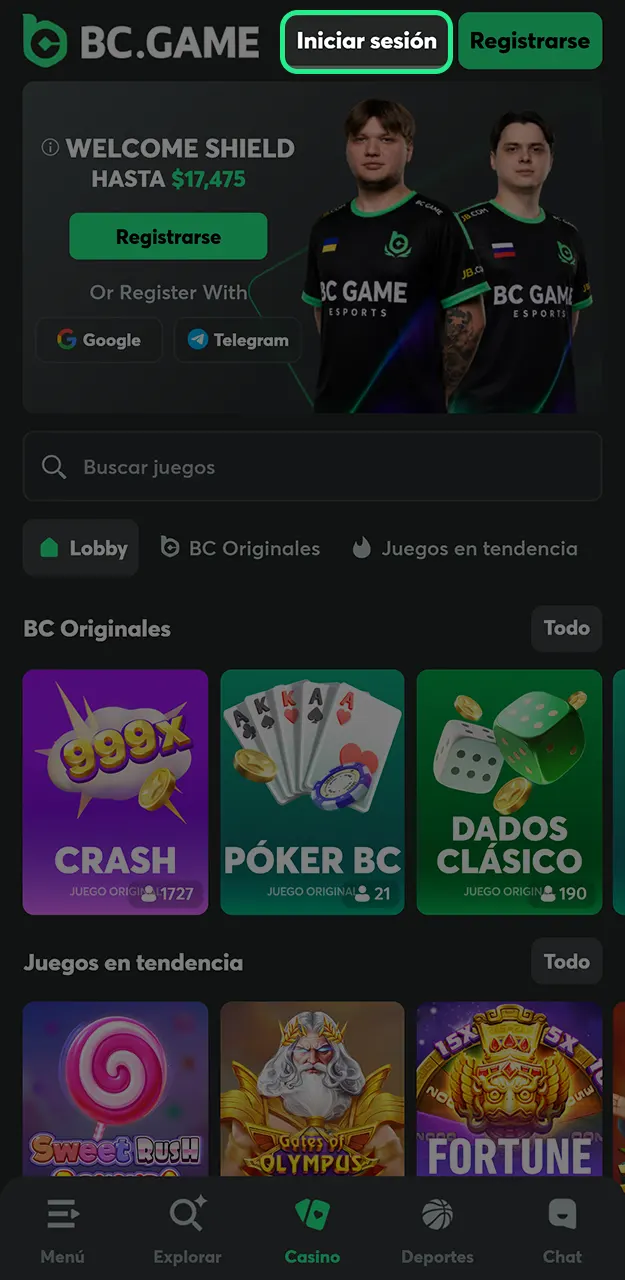 Escriba su nombre de usuario y clave para que ingresa a tu cuenta personal en BC Game.