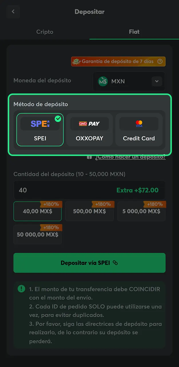 Revise la lista de opciones disponibles y selecciona tu método de pago preferido en BC Game.