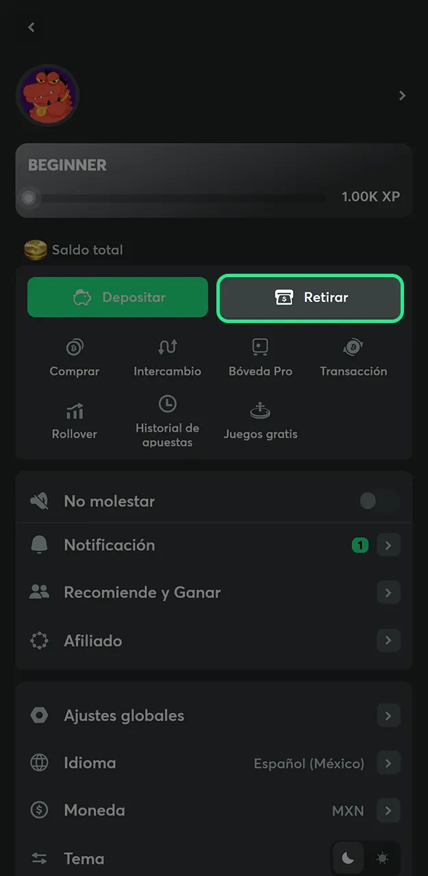 Entre en su perfil de usuario y abre la sección de retiro para solicitar sus ganancias en BC Game.