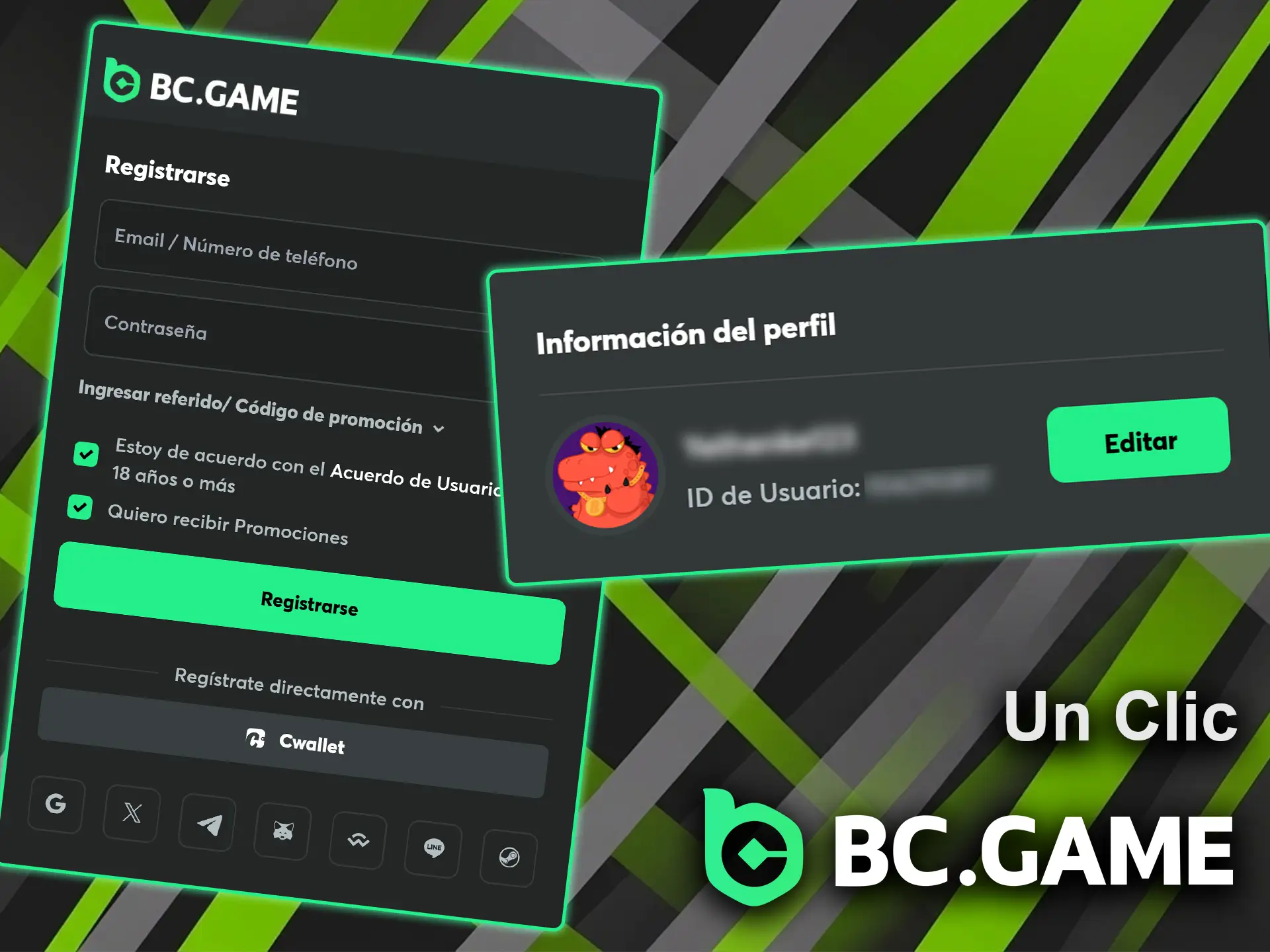 Utilice la opción más rápida para completar su registro en un clic en BC Game.
