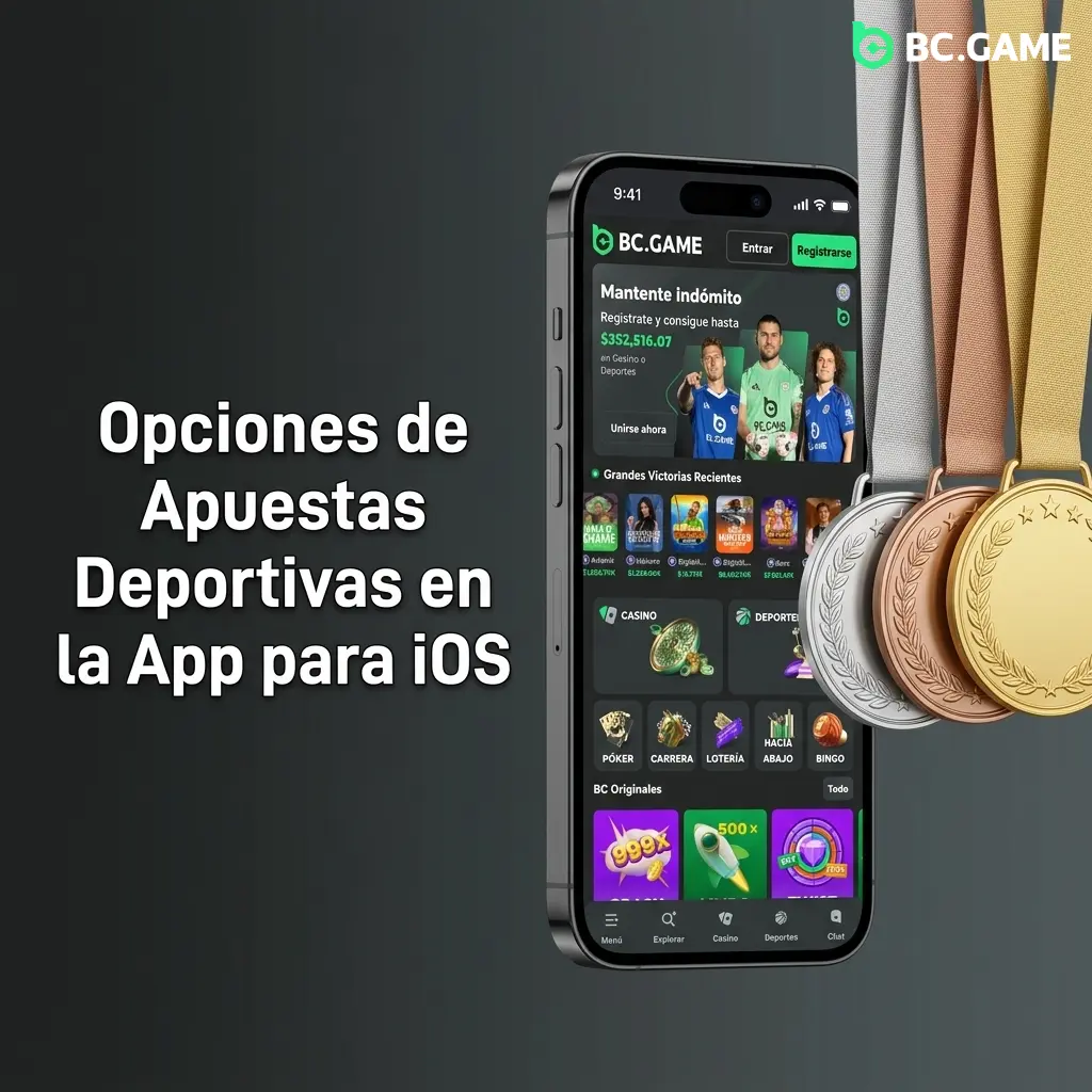 Opciones de apuestas deportivas en la app iOS de BC Game: fútbol, béisbol, NBA, tenis, MMA y esports.